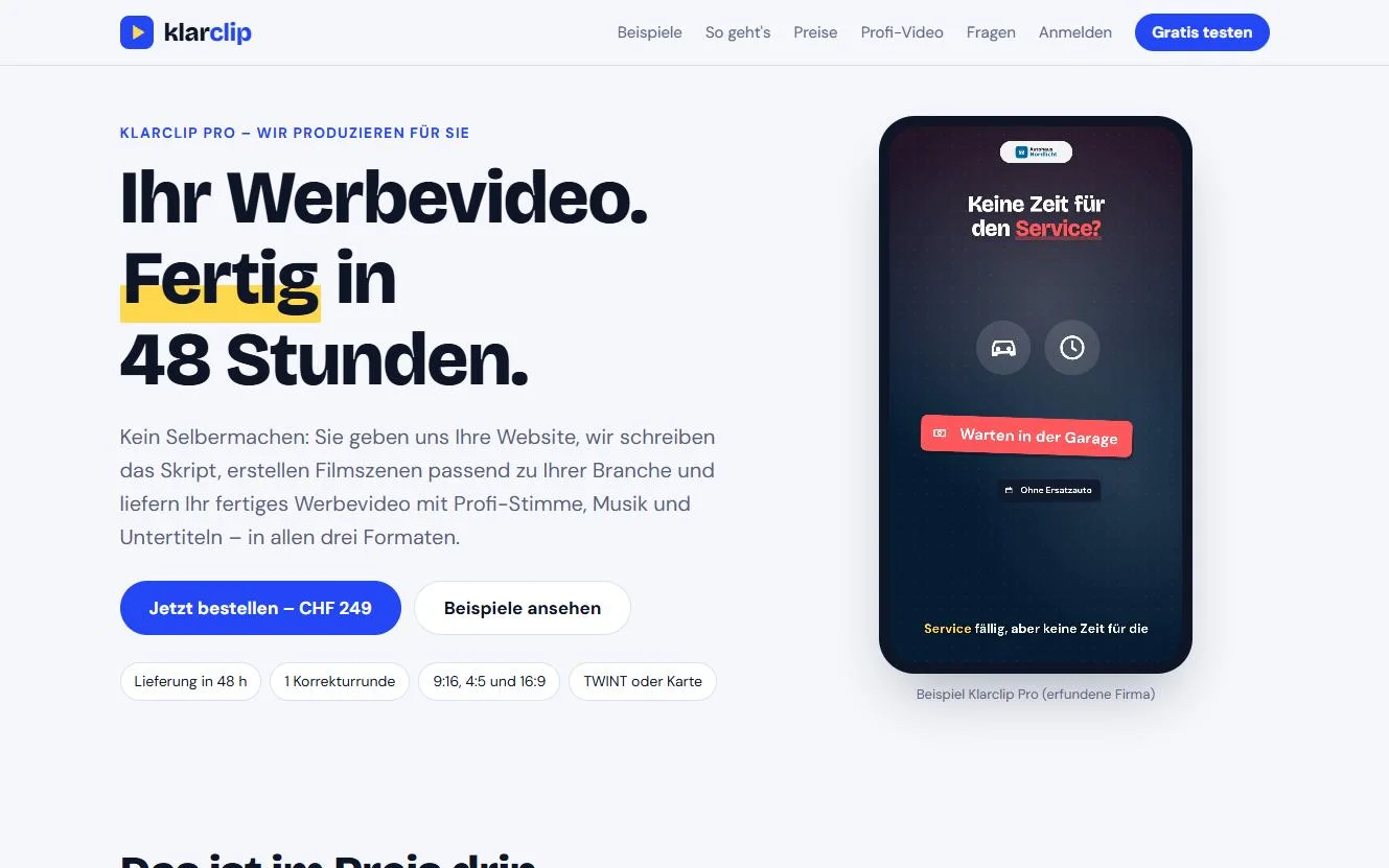 Klarclip: Website für Werbevideos mit Bestellung